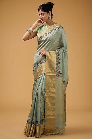 green silk floral embroidered saree set