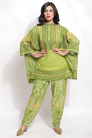green silk floral embroidered tunic set
