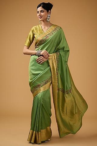 green silk floral motif embroidered saree set