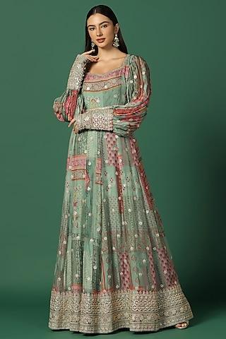 green silk georgette embroidered & printed anarkali