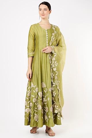 green silk gota embroidered anarkali set