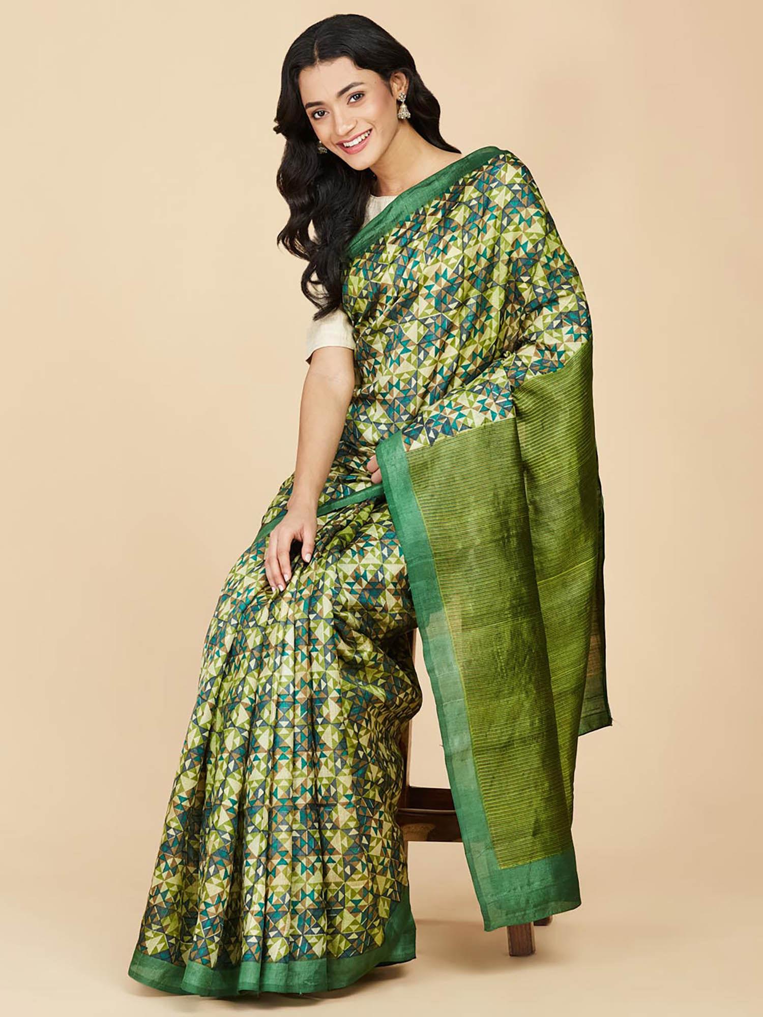 green silk hand block printed saree without blouse