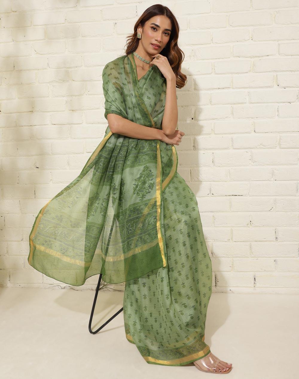 green silk hand block printed sari