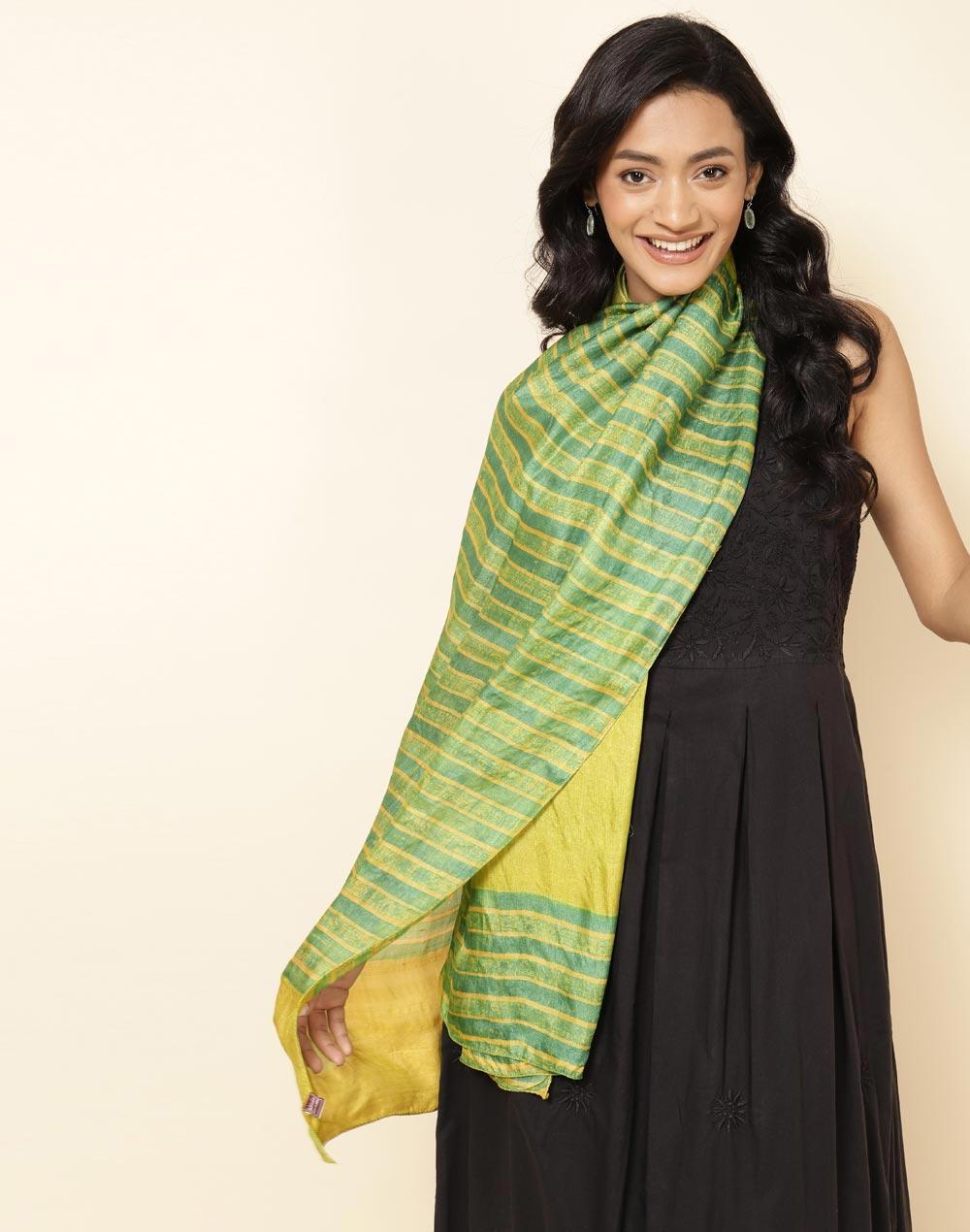 green silk hand block printed stole