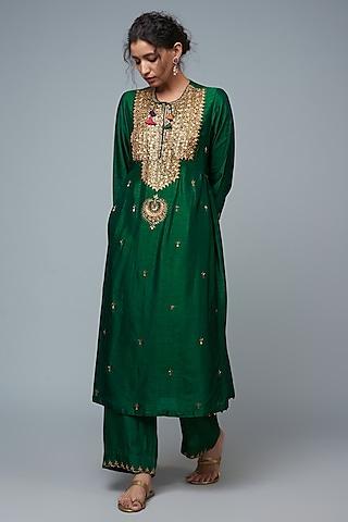 green silk hand embroidered kurta set