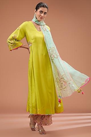 green silk hand embroidered kurta set