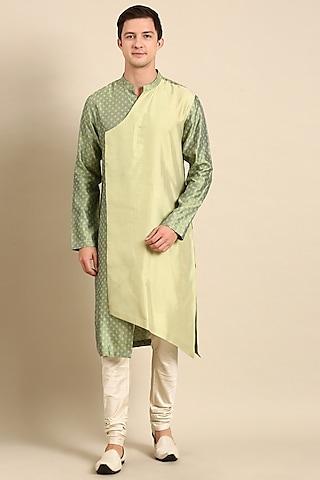 green silk jacquard kurta set