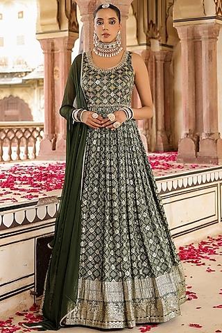 green silk jacquard sequin embellished bandhani anarkali set