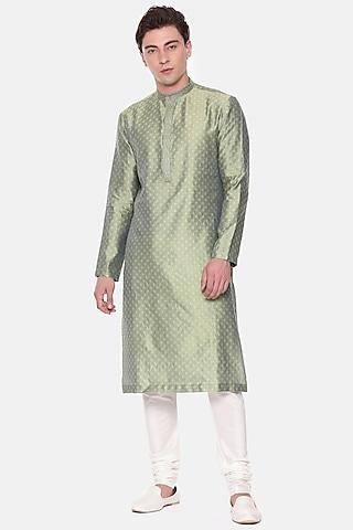 green silk jaquard kurta set