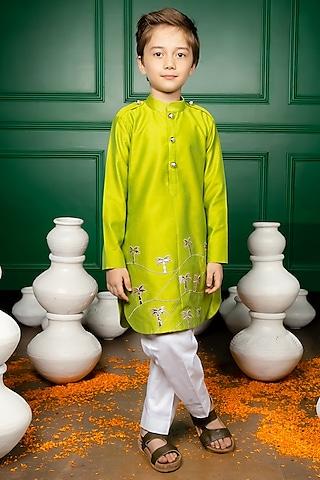 green silk kurta set for boys