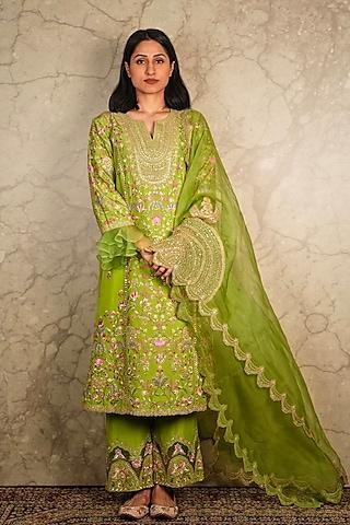 green silk kurta set