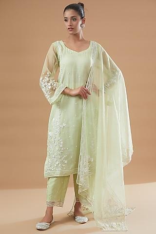 green silk organza embroidered kurta set