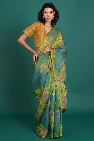 green silk organza floral printed & embellished saree set