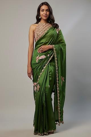 green silk organza marodi embroidered saree set