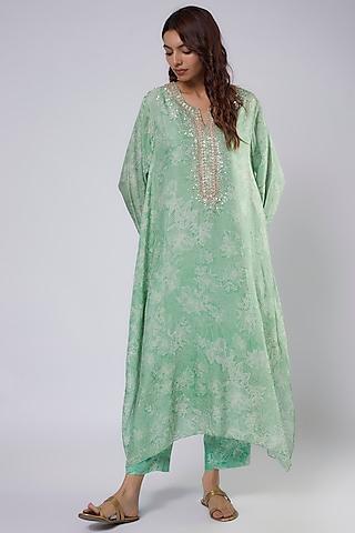 green silk polka printed & embroidered kurta set