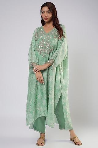 green silk polka printed & embroidered kurta set