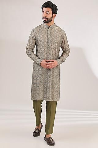 green silk printed & thread embroidered kurta set