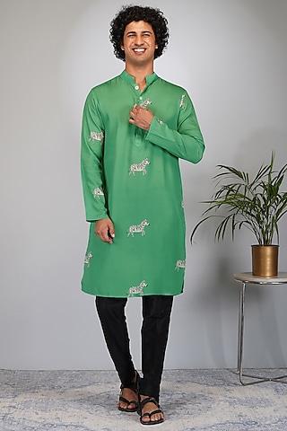 green silk printed kurta set