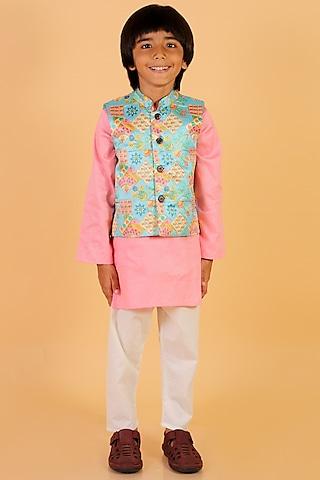 green silk printed nehru jacket set for boys