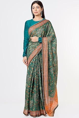 green silk printed saree