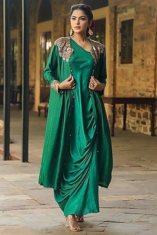 green silk resham embroidered jacket dress