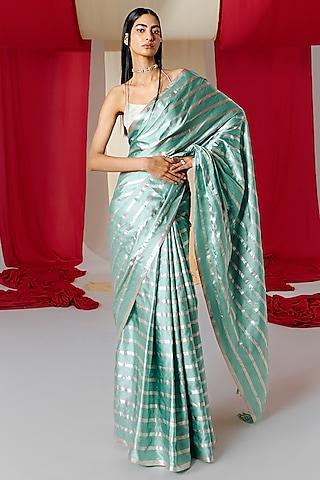 green silk striped handwoven banarasi kadwa saree set