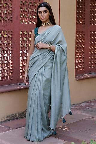 green silk tassel embellished textured saree set