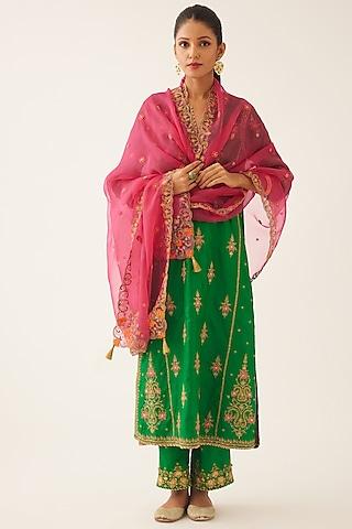 green silk thread embroidered kalidar straight kurta set