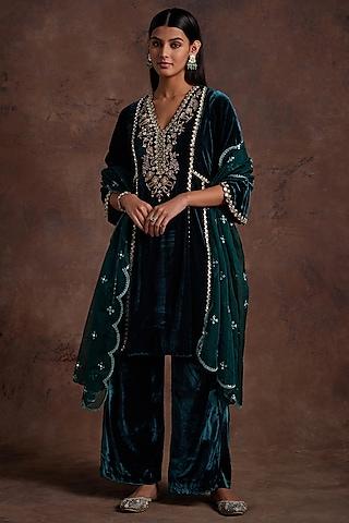 green silk velvet embroidered kurta set