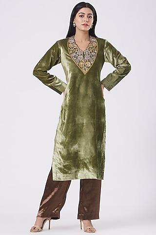 green silk velvet kurta set