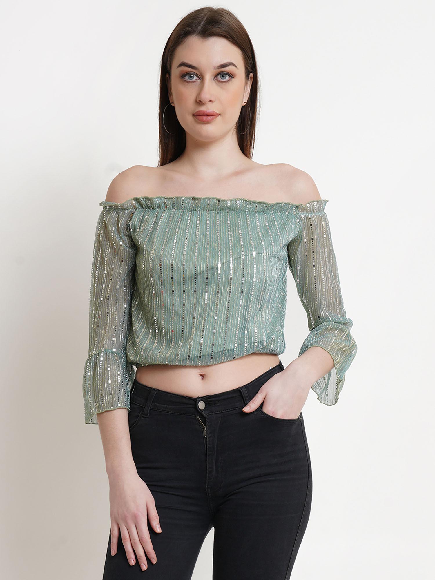 green silver-toned embellished off-shoulder bardot crop top