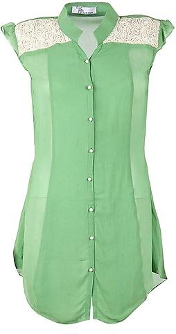 green sleeveless tunic with lace and pearl