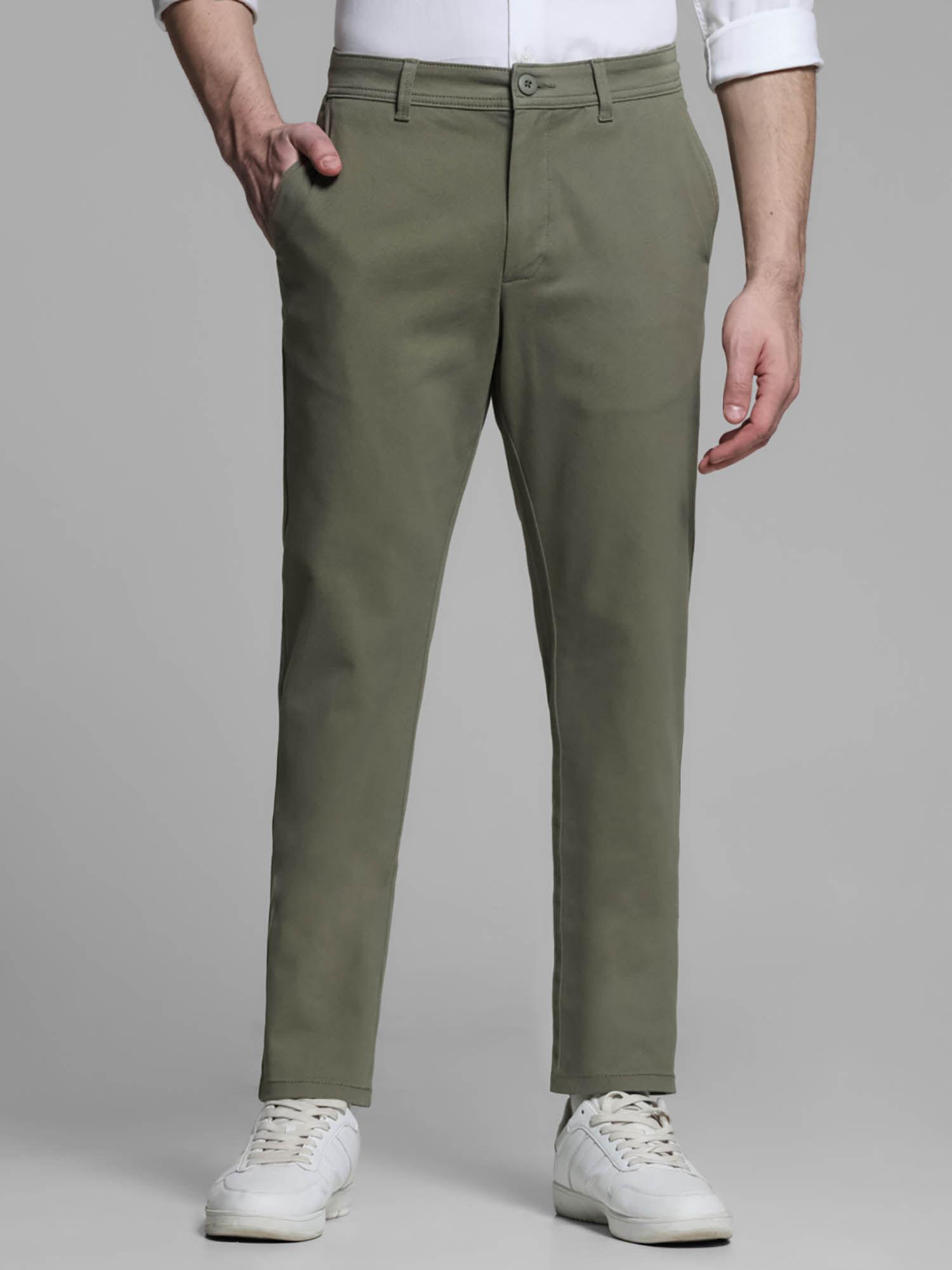 green slim fit stretch casual trousers