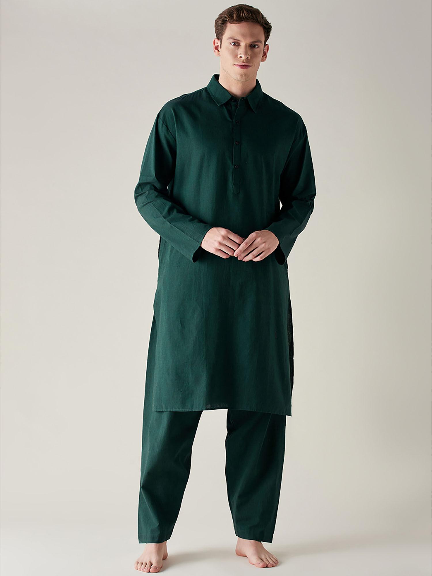 green slub cotton pathani kurta & pyjama green (set of 2)