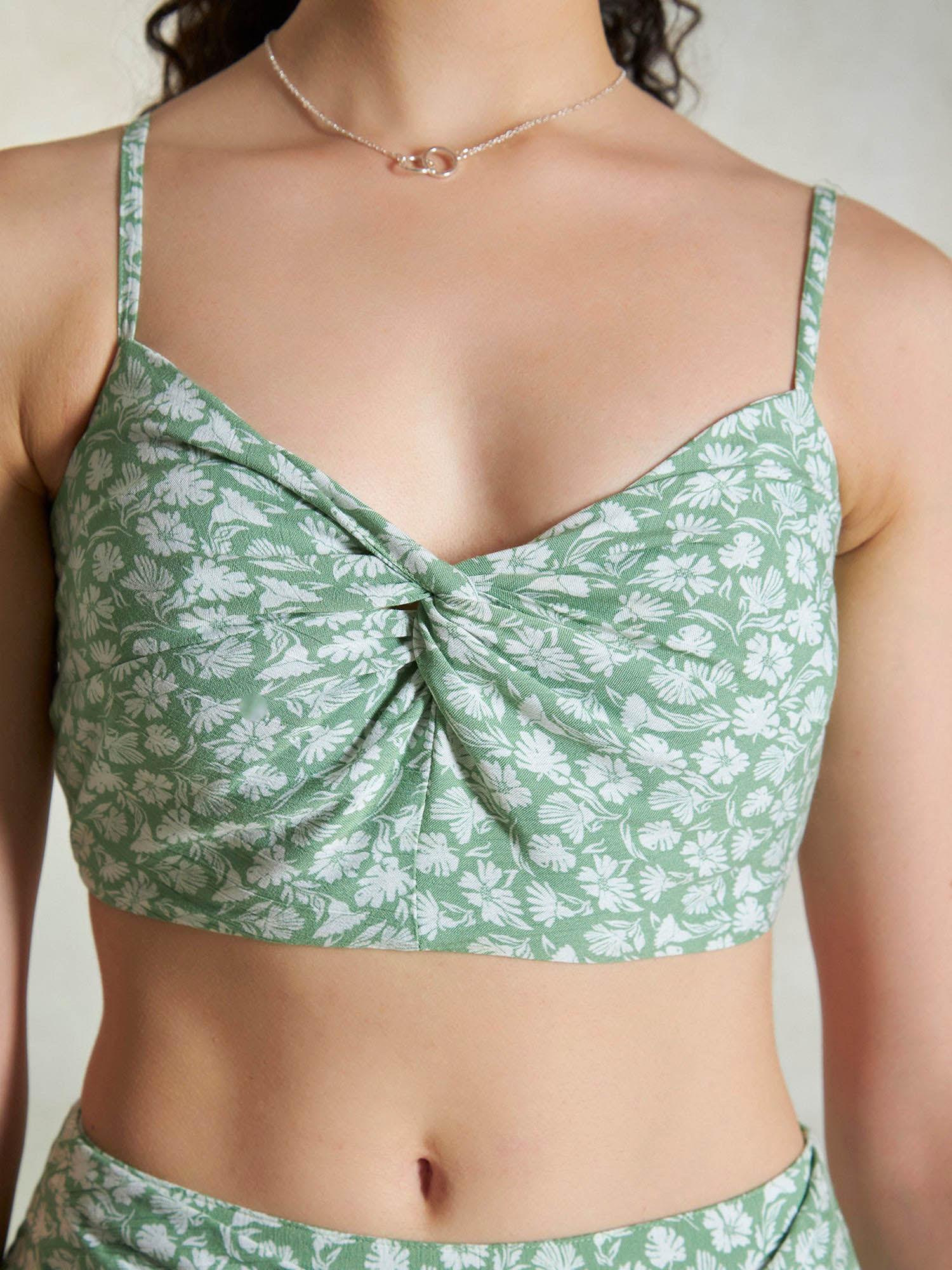 green smooth viscose floral crop top