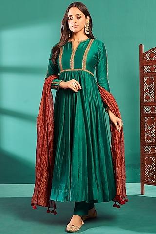 green soft chanderi embroidered anarkali set