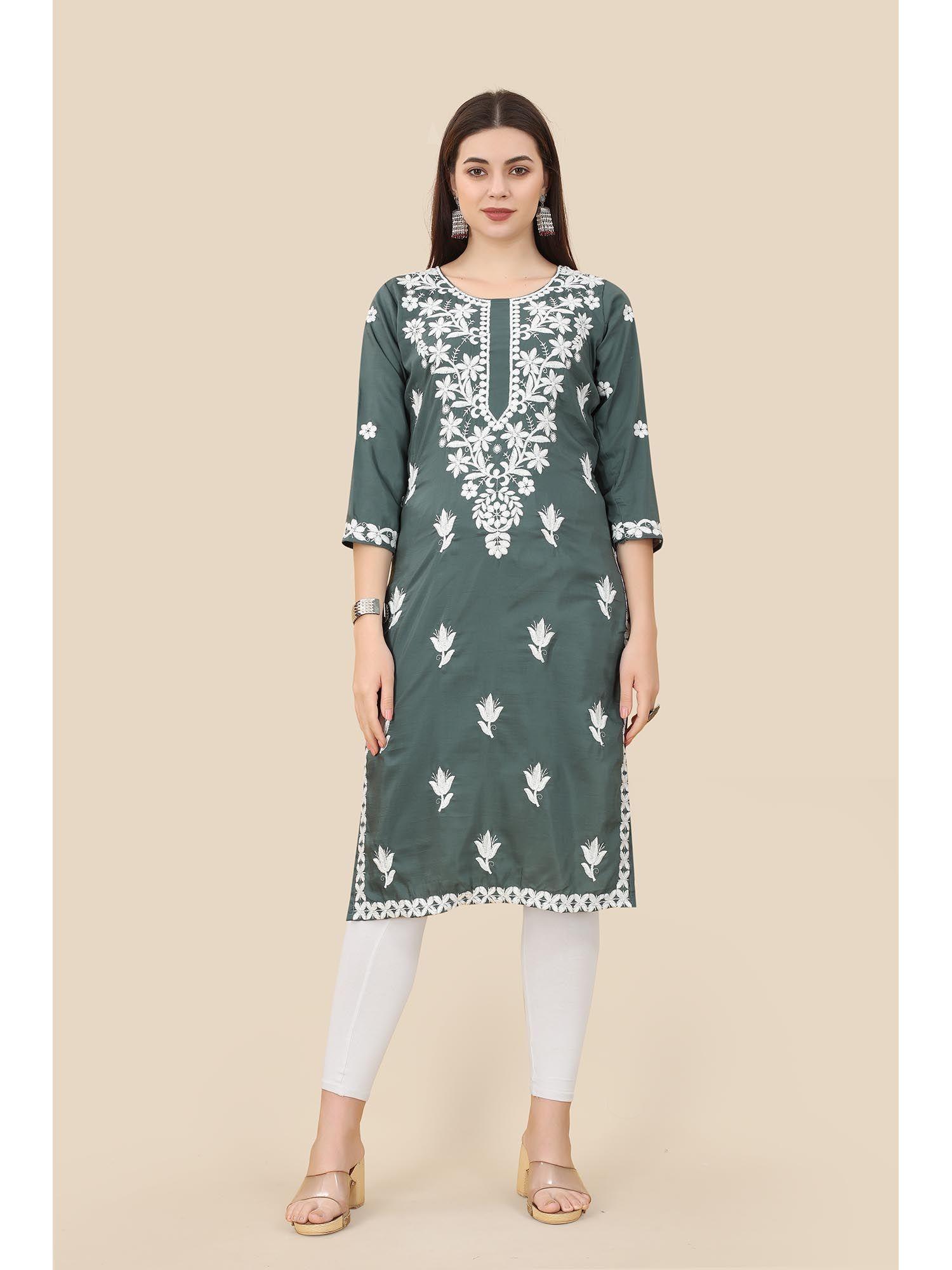 green soft chinnon embroidery work straight kurta