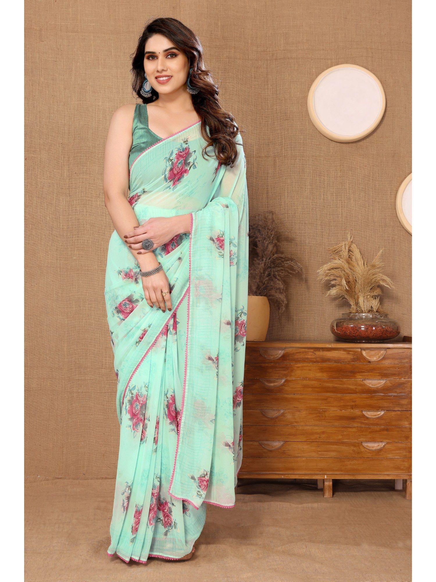 green soft georgette floral printed saree with unstitched blouse