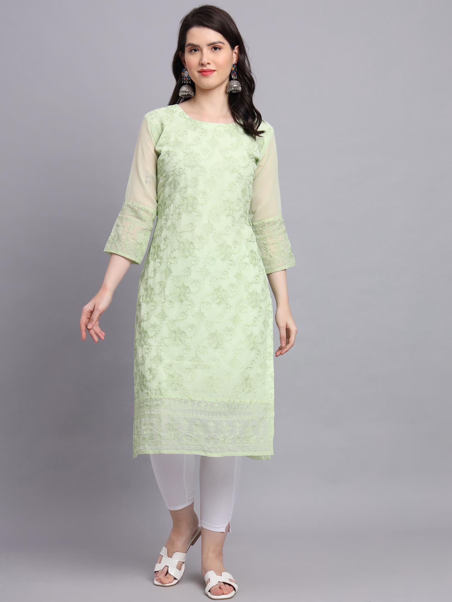 green soft georgette kurta lucknowi chikankari work straigh kurta