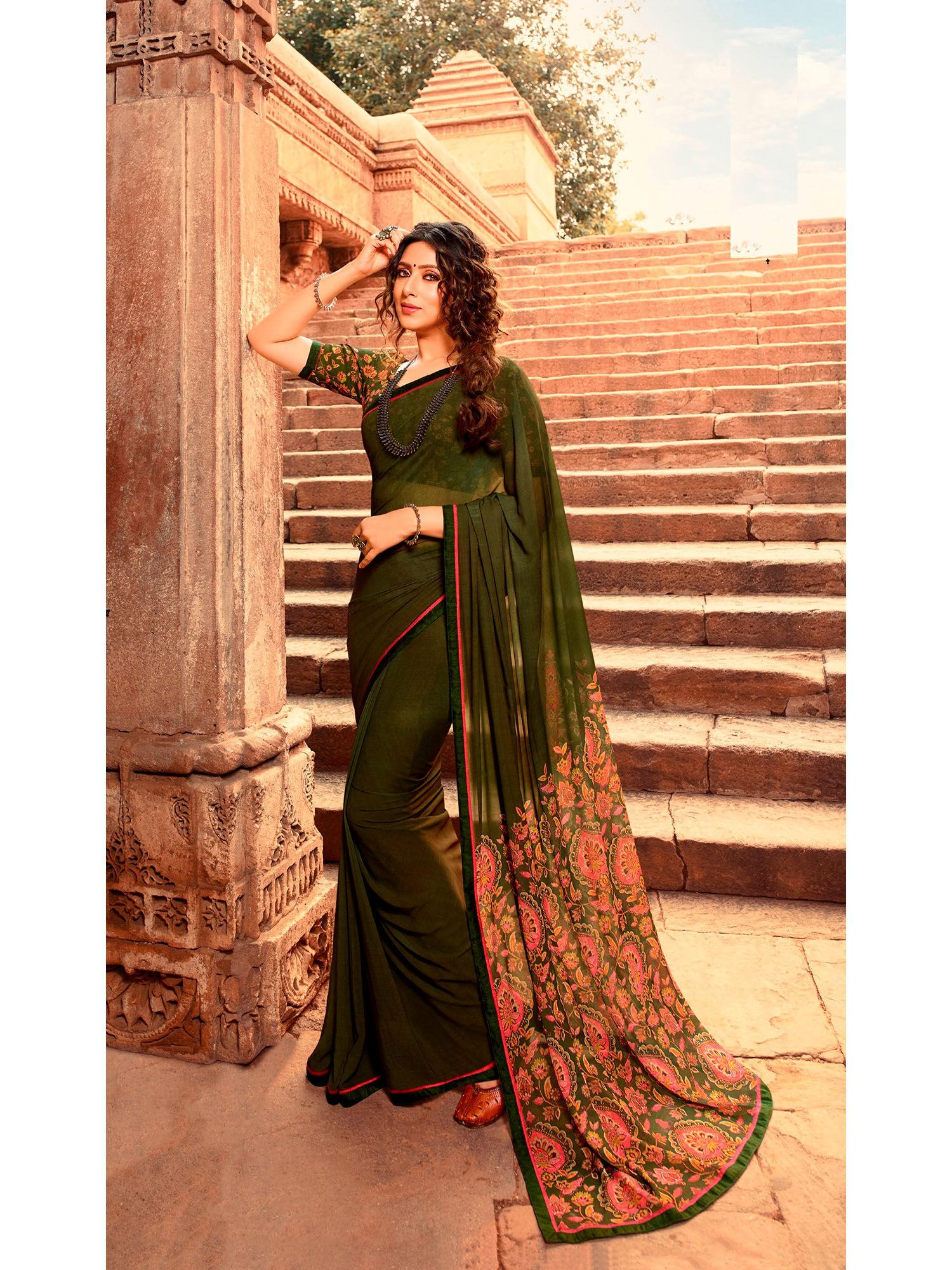 green soft georgette printed saree & mono banglory with unstitched blouse