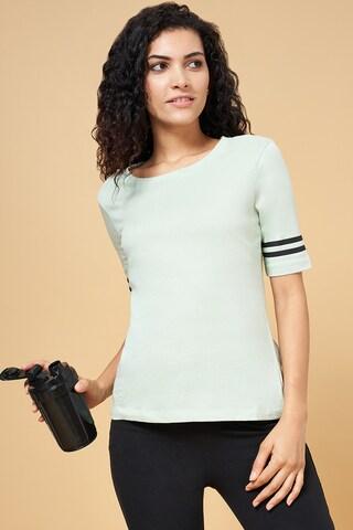 green solid active wear half sleeves round neck women regular fit top