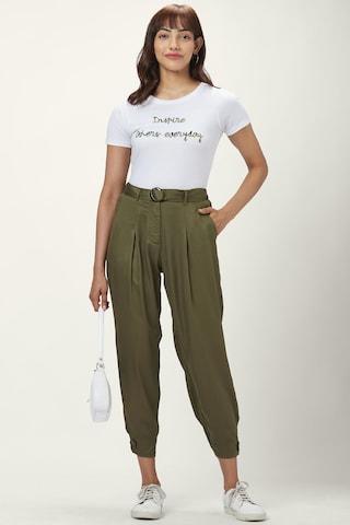 green solid ankle-length casual women comfort fit trouser