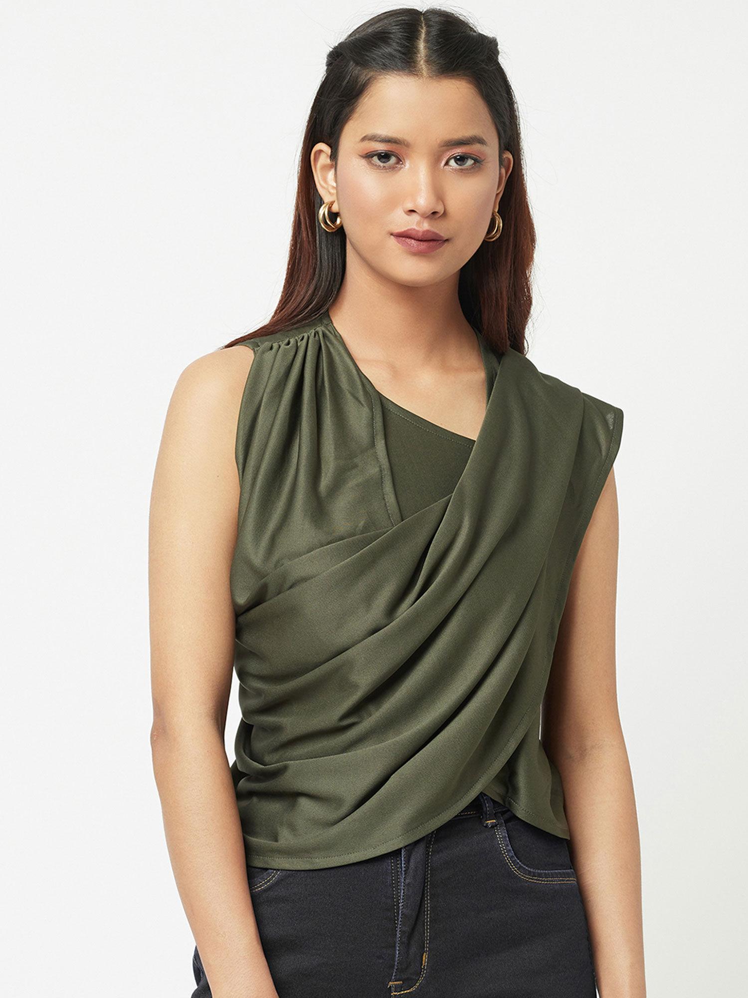 green solid asymmetrical draped top