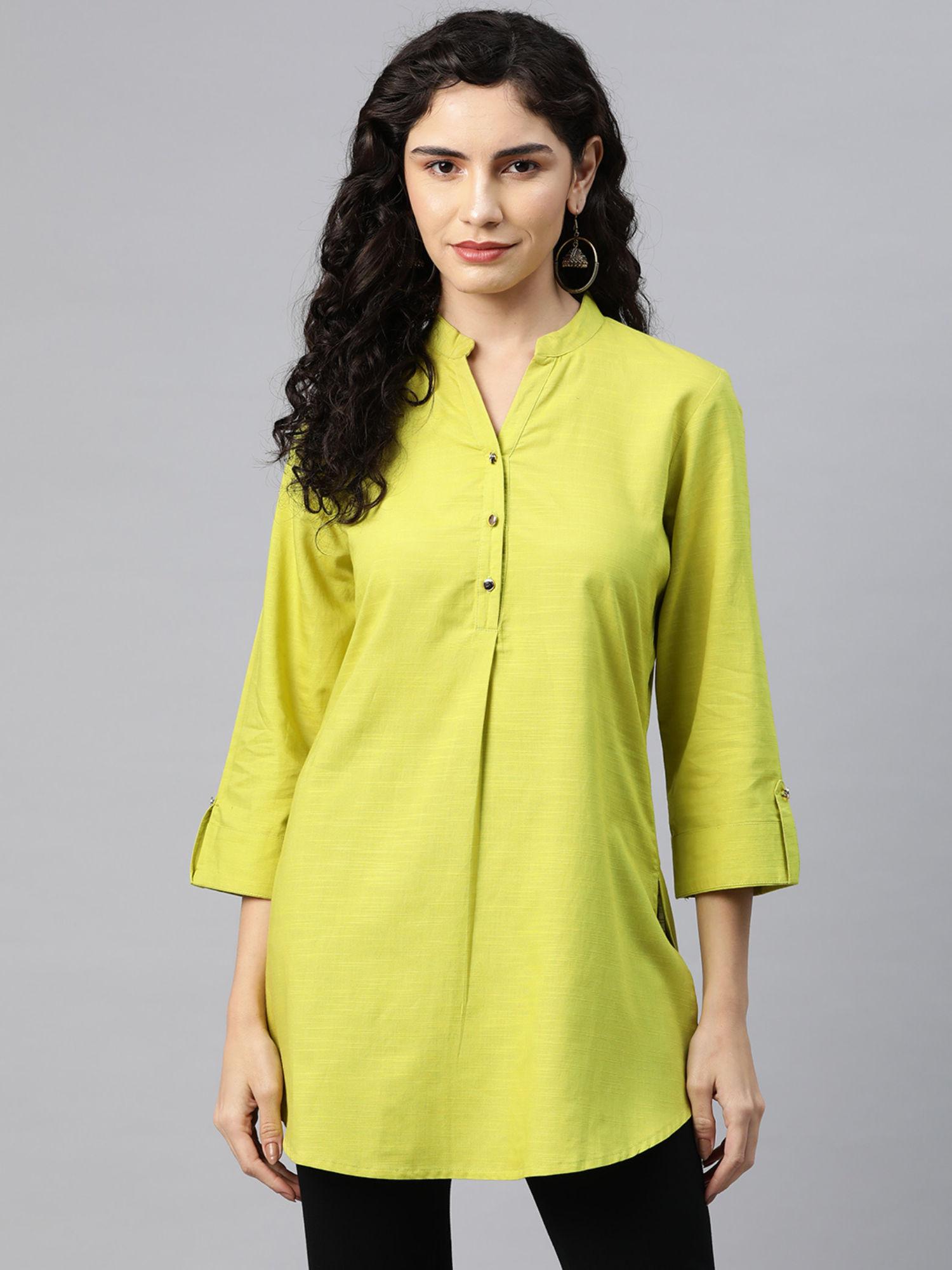 green solid button placket tunic