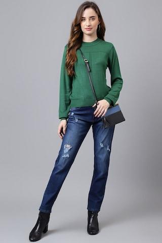 green solid casual full sleeves crew neck women classic fit sweater