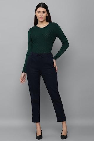 green solid casual full sleeves crew neck women regular fit t-shirt