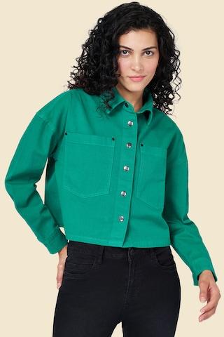 green solid casual full sleeves regular collar women relaxed fit jacket