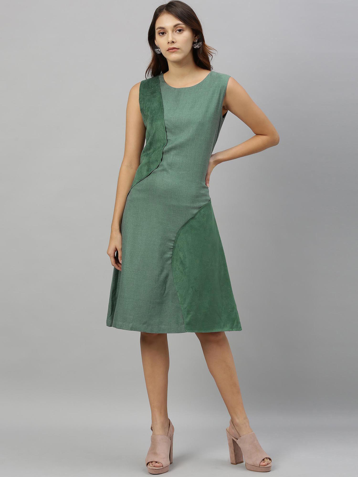 green solid casual knee length dress