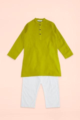 green solid casual mandarin full sleeves thigh-length boys regular fit pant kurta set