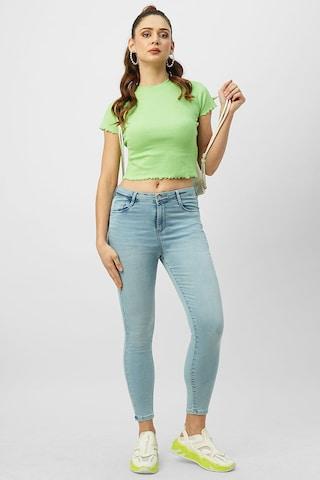 green solid casual short sleeves crew neck women slim fit top